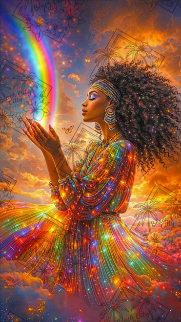 Woman in flowing rainbow dress reaching toward a glowing rainbow in a golden sunset sky with vibrant colors