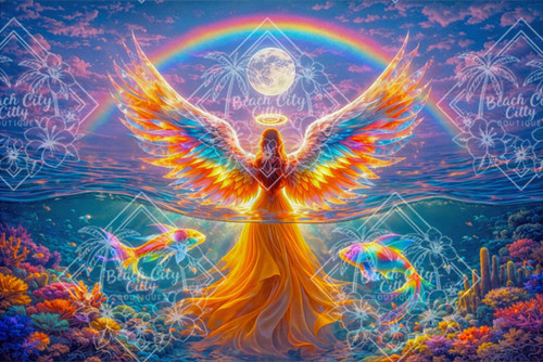 Rainbow-winged angel rising from the ocean under a glowing moon with colorful fish and coral in a celestial underwater scene
