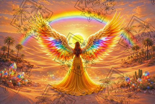Golden rainbow-winged angel standing in a glowing desert at sunrise with radiant light and shimmering crystals