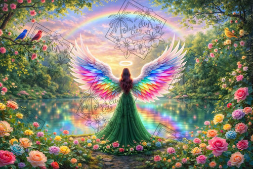 Rainbow-winged angel standing by a peaceful lake surrounded by blooming roses and soft light under a colorful sky