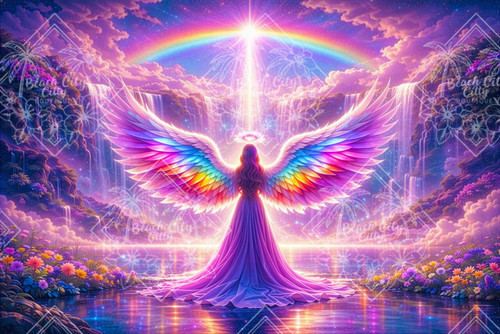 Rainbow-winged angel meditating under a glowing moon with radiant light, flowers, and a heart of energy at her center