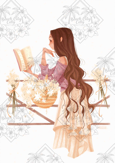 girl reading book surrounded by flowers cottagecore aesthetic illustration peaceful reading scene