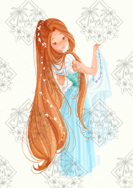 storybook princess with extremely long flowing golden hair wearing a blue dress whimsical fairytale illustration