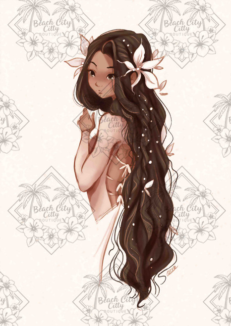 beautiful girl with very long dark hair decorated with white flowers feminine fantasy illustration