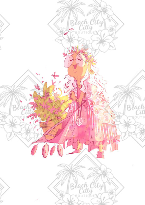 whimsical grandmother pushing flower cart colorful storybook illustration cheerful character art