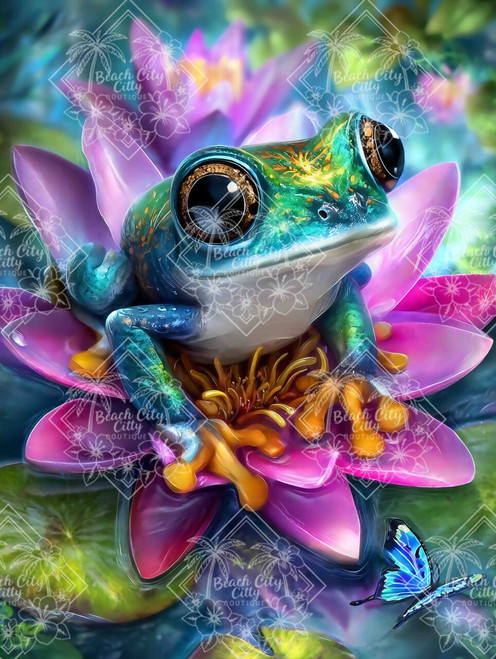 Colorful frog sitting on pink lotus flower with butterfly and water reflections