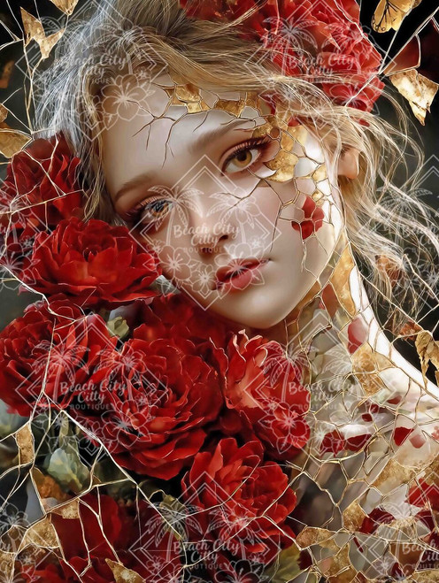 Portrait of woman surrounded by red roses with cracked gold mosaic effect across face and skin