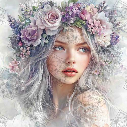 Elly AI woman with floral crown and soft tones, romantic diamond painting artwork
