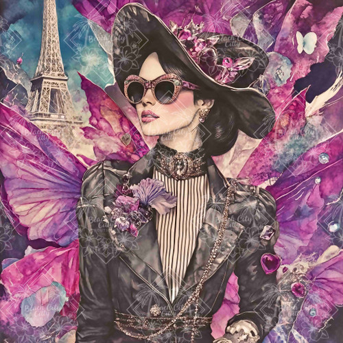 Elly AI fashion woman with Paris backdrop and butterflies, stylish diamond painting design