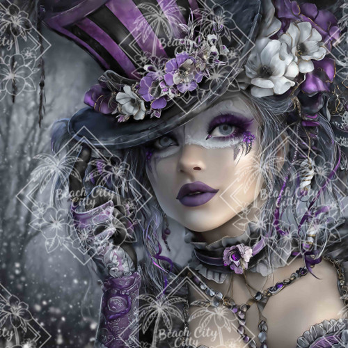 Elly AI gothic woman with floral accents and winter setting, dramatic diamond painting artwork