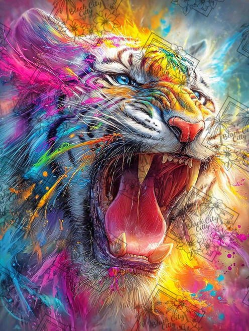 roaring tiger with bright rainbow colors and explosive paint effect showing teeth and intense expression
