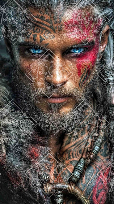 intense male warrior portrait with blue eyes tribal tattoos red face paint and rugged styling