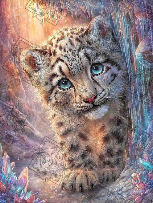 baby snow leopard with blue eyes standing in crystal cave surrounded by glowing icy formations