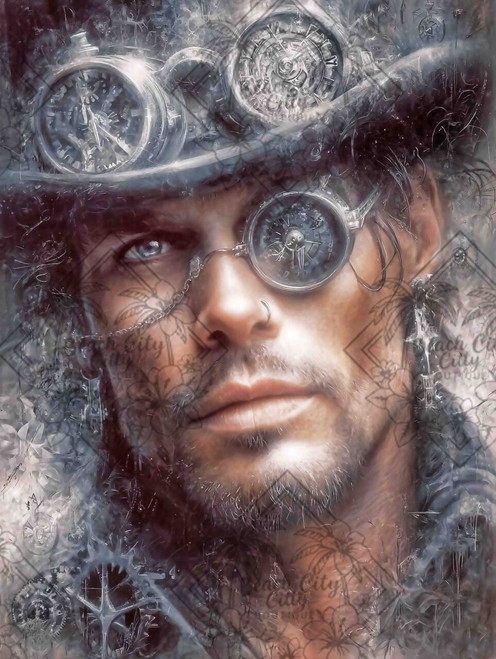 Ray Spark Digital Art steampunk man portrait with mechanical monocle, vintage clocks, and smoky textures