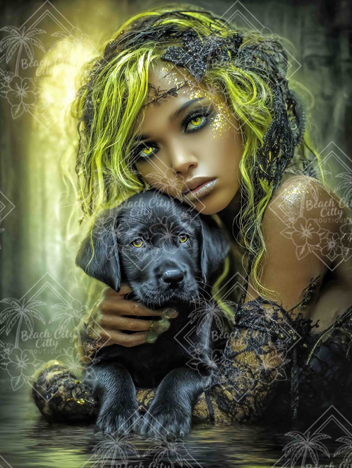 Ray Spark Digital Art fantasy woman with glowing neon green hair holding a black puppy in a mystical forest