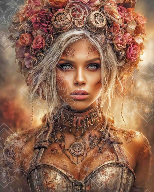 Ray Spark Digital Art post-apocalyptic woman with glowing amber eyes, steampunk goggles, and pink scarf
