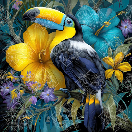 Text
Toucan with a blue and yellow beak surrounded by tropical blue, lavender, and yellow flowers
