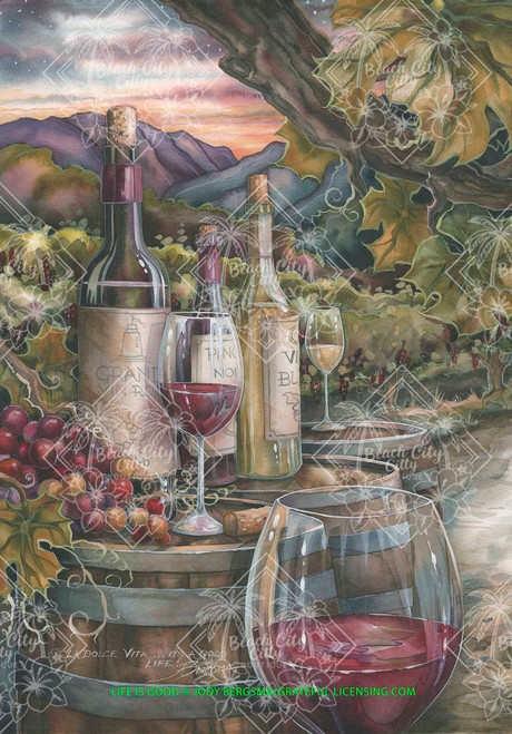 Wine bottles and glasses on rustic barrels with grapes, vineyard vines, rolling hills, and a warm sunset in a serene wine country scene illustrated by Jody Bergsma.