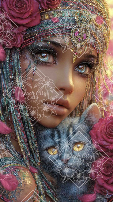 Elly AI woman with ornate headdress holding gray cat surrounded by red roses and glowing details