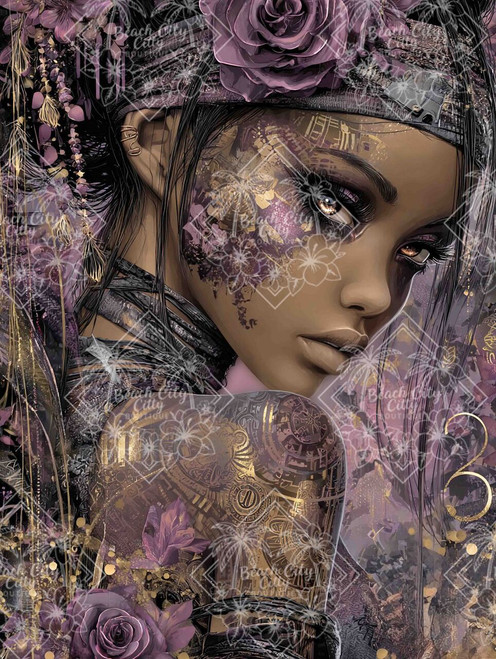 Elly AI woman with purple tones and gold accents in abstract textured portrait with floral and metallic elements