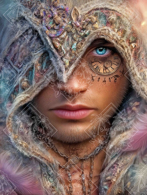 Elly AI hooded figure with detailed textures and clock element near eye in fantasy portrait style