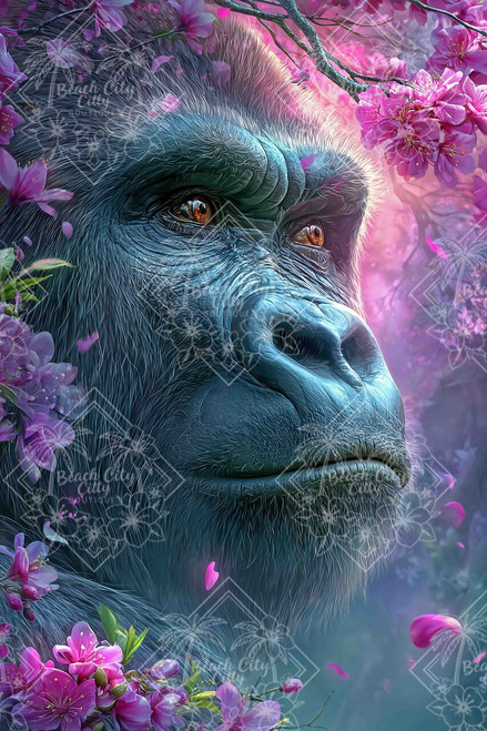 Elly AI close-up of gorilla surrounded by pink blossoms with soft glowing background