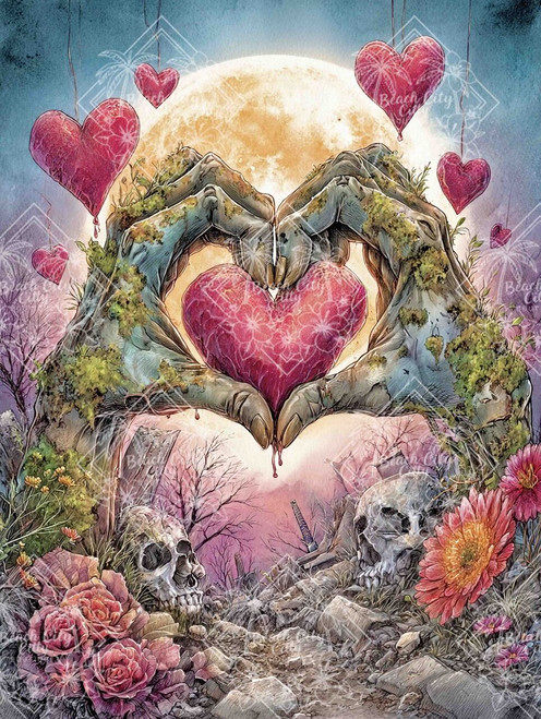 Hands forming heart shape holding glowing heart surrounded by skulls, flowers, and full moon