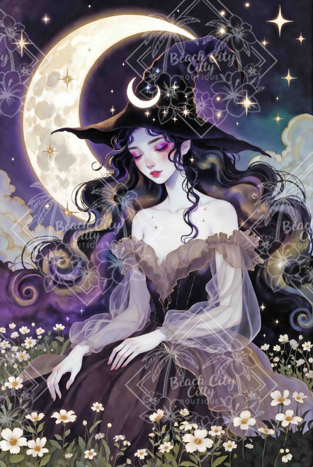 Dreamy Witch moonlit sorceress with flowing dark hair, glowing crescent moon hat, and delicate floral field beneath a sparkling night sky