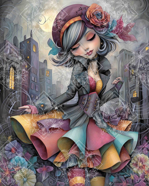 Elly AI whimsical woman in colorful layered dress with beret standing in dreamy cityscape at dusk