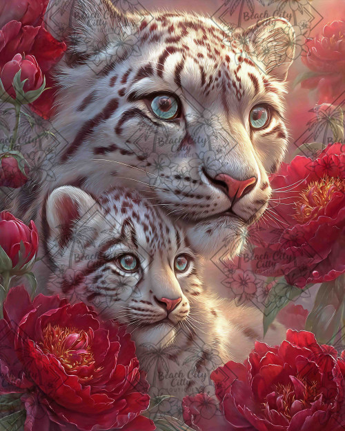 Elly AI white leopard mother and cub surrounded by red flowers in soft glowing fantasy setting