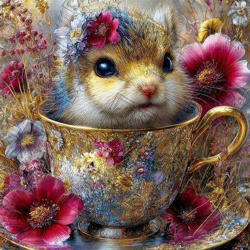 Elly AI small hamster sitting inside ornate teacup surrounded by flowers with soft pastel tones