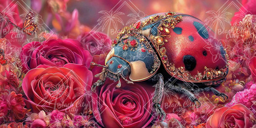 Elly AI detailed ladybug with gold and red jewel accents sitting on red roses with butterflies
