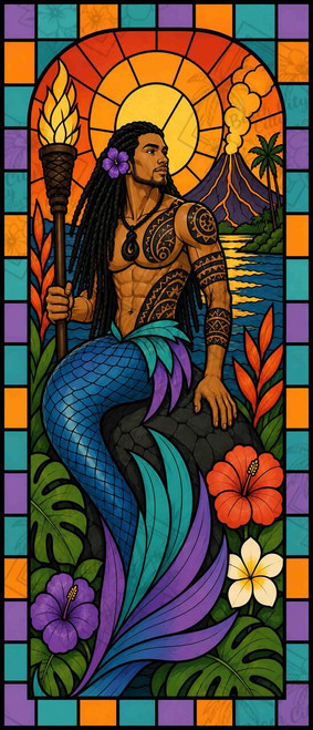 Polynesian inspired stained glass merman with tribal tattoos, blue tail, tiki torch, tropical flowers, and erupting volcano backdrop.