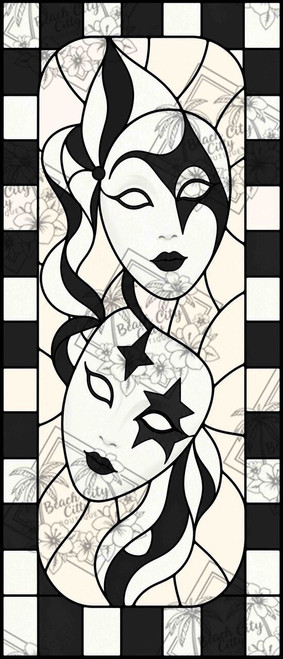 Black and white stained glass masquerade masks with flowing ribbon details and bold monochromatic geometric borders.