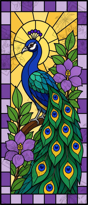 Elegant stained glass peacock with flowing green and blue tail feathers surrounded by purple flowers and glowing golden background.