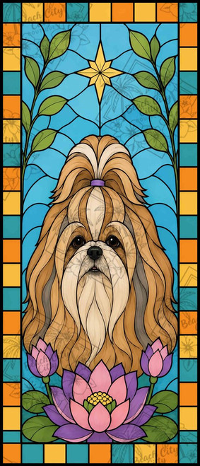 Stained glass portrait of a Shih Tzu surrounded by pink lotus flowers, soft blue background, and elegant geometric borders.