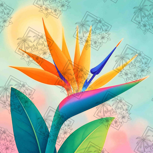 Vibrant bird of paradise flower in orange, yellow, and blue against a dreamy pastel sky with glowing sunlight.