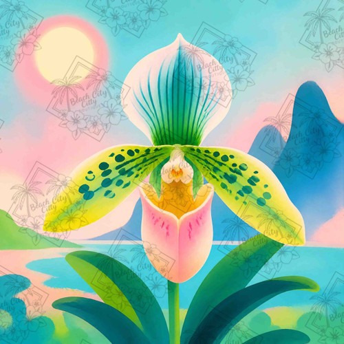 Elegant green and pink orchid flower beside calm pastel waters and glowing sunlight.