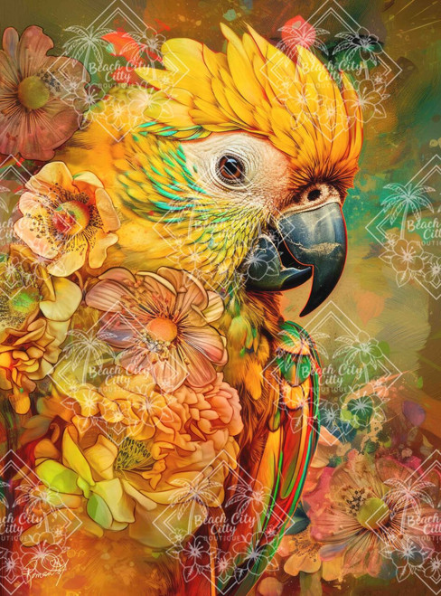 Colorful parrot surrounded by tropical flowers in Wildly Vivacious diamond art