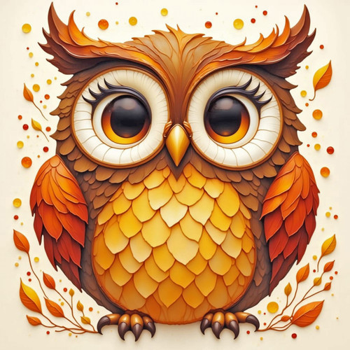cute autumn owl with fall leaves crystal diamond painting illustration by Kelly Reins