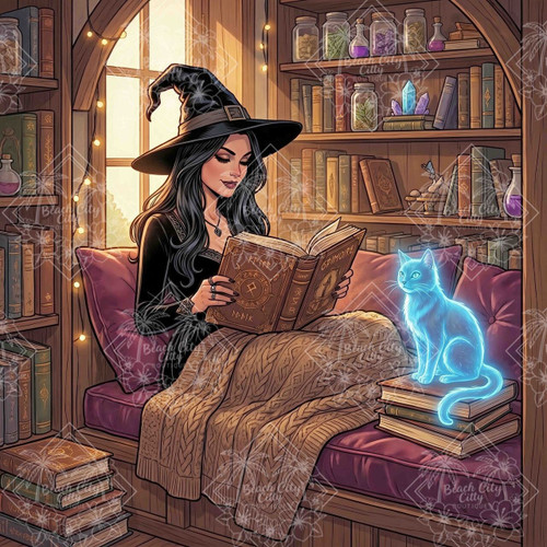 Beautiful witch reading an ancient spell book beside a glowing blue spirit cat in a cozy magical library.