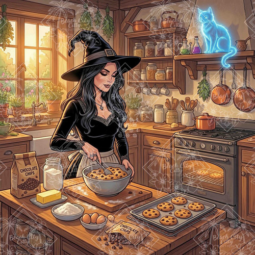 Charming witch baking chocolate chip cookies in a warm magical kitchen with a glowing blue spirit cat nearby.