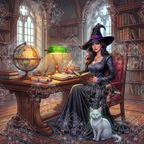 A scholarly witch sits in a grand library writing and reading magical books while a white cat rests beside her.