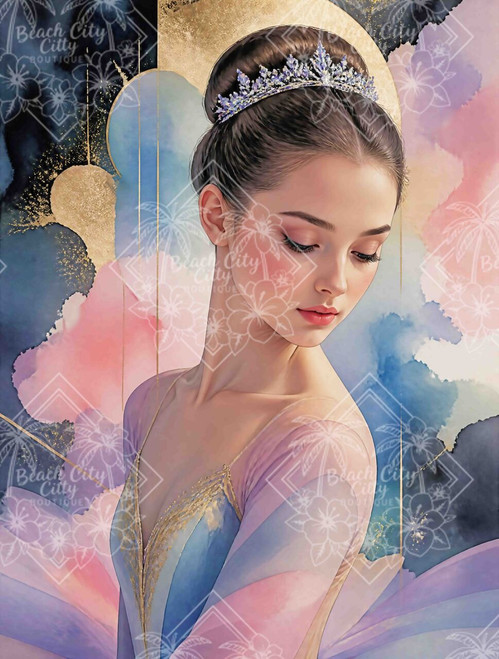 Graceful ballerina portrait in pastel pink and blue ballet costume with soft watercolor background and golden celestial accents.