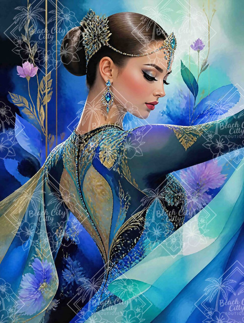 Elegant contemporary dancer in flowing blue and gold costume with jeweled headpiece and floral watercolor background.