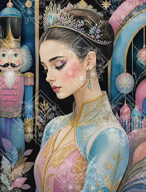 Elegant ballerina portrait with jeweled crown beside a pastel nutcracker in whimsical winter fantasy setting.