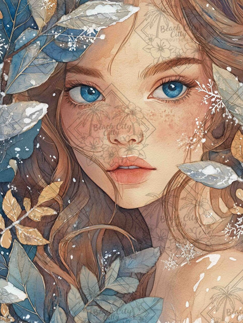 Soft watercolor portrait of a blue-eyed girl surrounded by snowy leaves and delicate winter branches in an ethereal fantasy style.