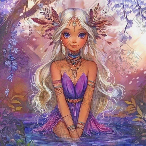 Fantasy elf woman with silver hair, rainbow feathers, and glowing magical attire standing in a vibrant enchanted garden.