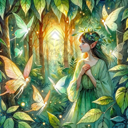 Fantasy fairy forest scene with glowing butterflies, warm sunlight, and an elf girl standing among lush green trees.