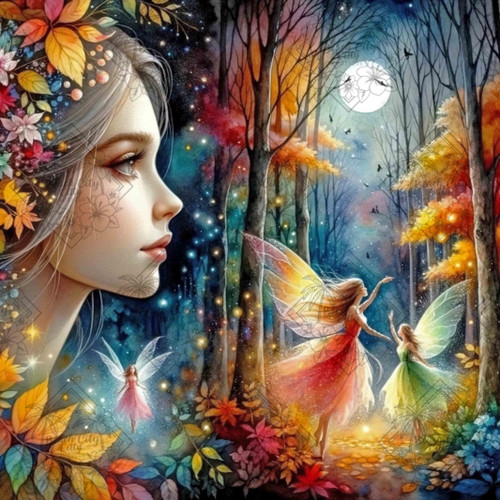 Fantasy woodland scene with glowing fairies, moonlit autumn forest, and a graceful woman surrounded by colorful fall leaves.
